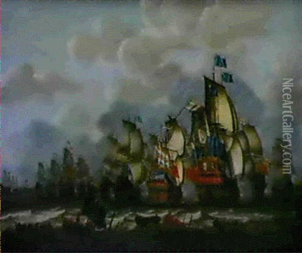 Combat Naval Avec Le Comet Star Oil Painting - Aernout (Johann Arnold) Smit