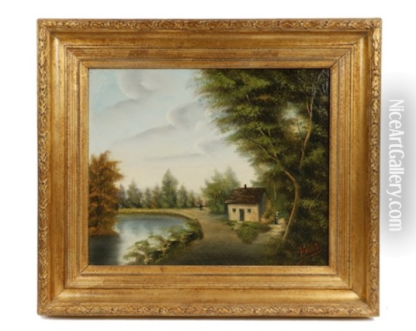 Country Landscape With Two Figures Near Riverside Cottage Oil Painting - Francesco Peluso