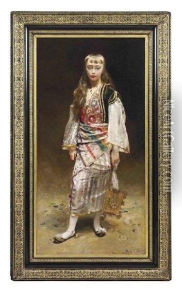 Portrait Of A Girl Standing In Turkish Costume Oil Painting - Gustave Jean Jacquet