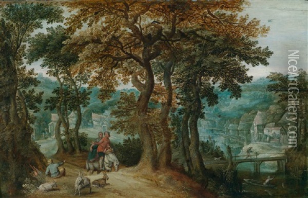 Bewaldete Landschaft Mit Einem Bauernpaar Auf Dem Weg Zum Markt Und Einem Ziegenhirten Oil Painting - Anton Mirou