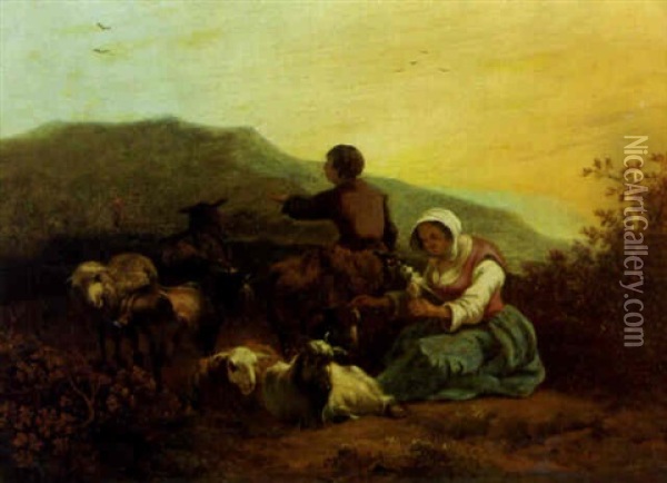 A Shepherdess Spinning With A Shepherd And Flock In A Mountainous Landscape Oil Painting - Adam de Colonia