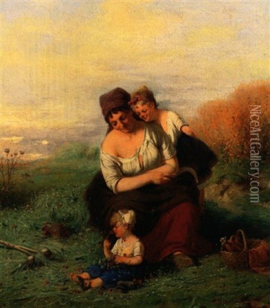 Rastende Junge Bauerin Mit Zwei Kindern Bei Der Ernte Oil Painting - Adolf Humborg