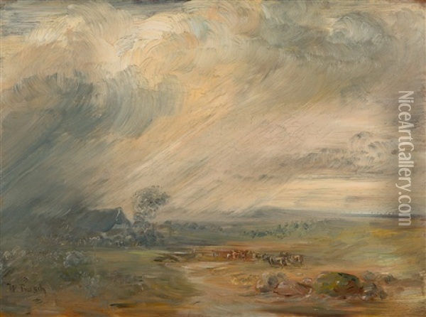 Gewitterlandschaft Mit Bauernhaus, Kuhen Und Fluss Oil Painting - Wilhelm Busch