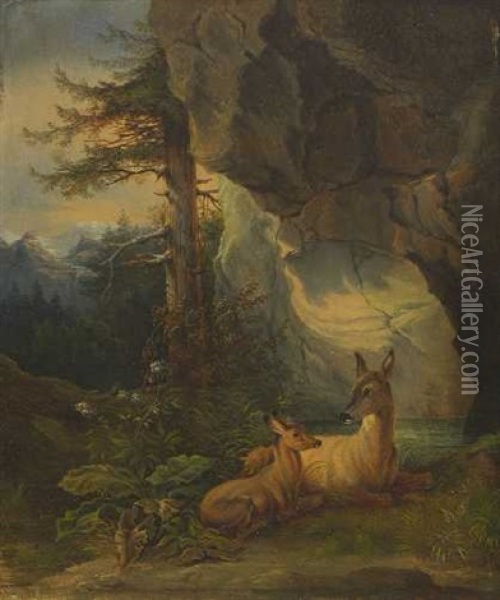 Reh An Der Quelle (+ Ricke Mit Kitz Vor Einer Felswand; Pair) Oil Painting - Friedrich Gauermann
