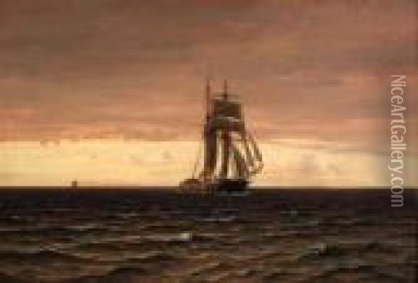 A Topsail Schooner At Dusk Oil Painting - Vilhelm Karl Ferd. Arnesen