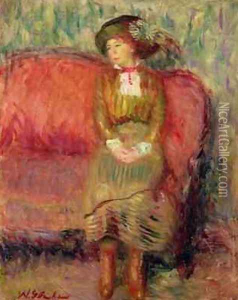 Girl Seated on a Red Sofa Oil Painting - William Glackens