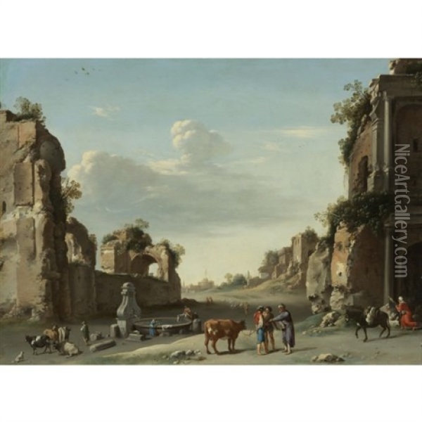 Capriccio Of Roman Ruins With A Merchant Buying A Bull, A Washerwoman At A Fountain And Drovers In The Foreground, Castel Sant'angelo In The Distance Oil Painting - Cornelis Van Poelenburgh