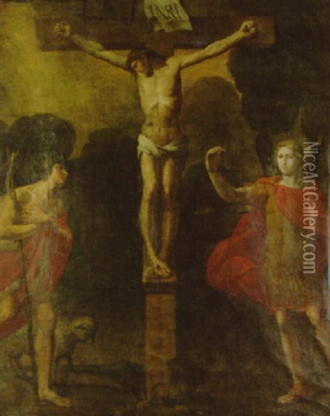 The Crucifixion With Saint John The Baptist And The Figure Of Justice Oil Painting - Corrado Giaquinto