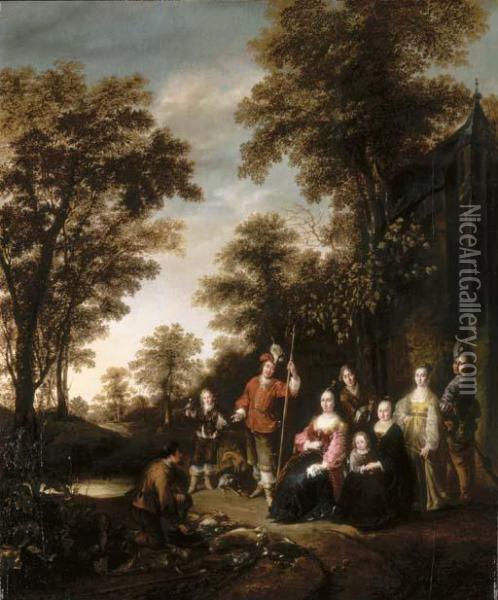 A Family Portrait In A Landscape After A Hunt Oil Painting - Gerrit Lundens