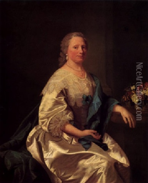 Portrait Of Lettice Leighton Wearing A Fine White Satin And Lace Dress, With A Blue Ribbon And Robes Oil Painting - Allan Ramsay