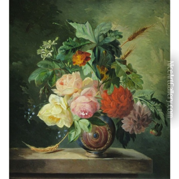 Still Life With Flowers On A Ledge Oil Painting - Francois Joseph Huygens