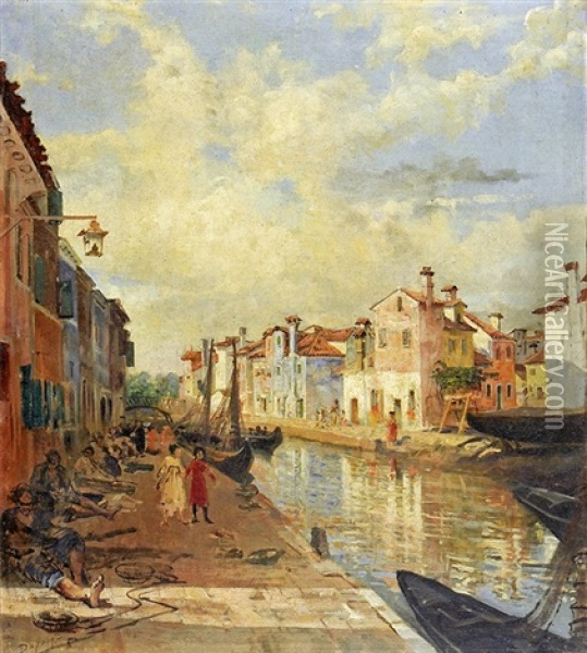 Promenade Au Bord Du Canal Oil Painting - Edmond Louis Dupain
