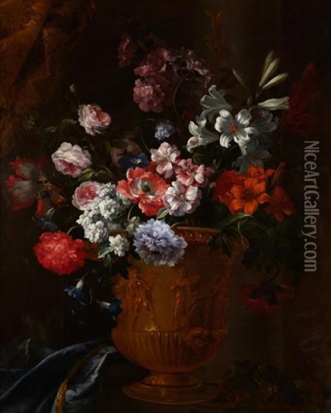 A Still Life Of Assorted Flowers In A Bronze Vase Oil Painting - Jean-Baptiste Monnoyer