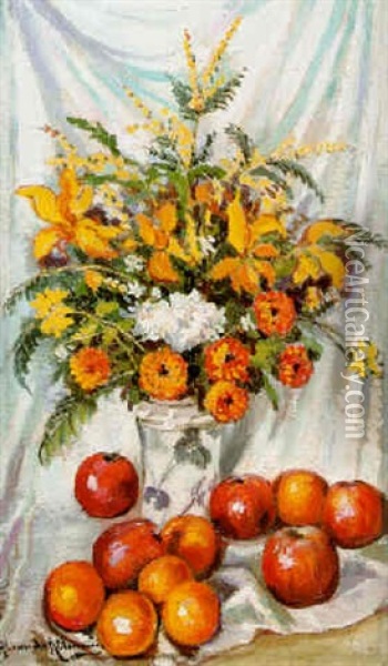 Flower Vase And Apples Oil Painting - Alexandre Altmann