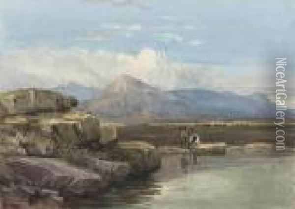 Figures By A Rocky Pool, Snowdon Beyond, North Wales Oil Painting - David I Cox