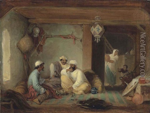 An Interior With Merchants Playing Chess, Eastern India Oil Painting - Arthur William Devis