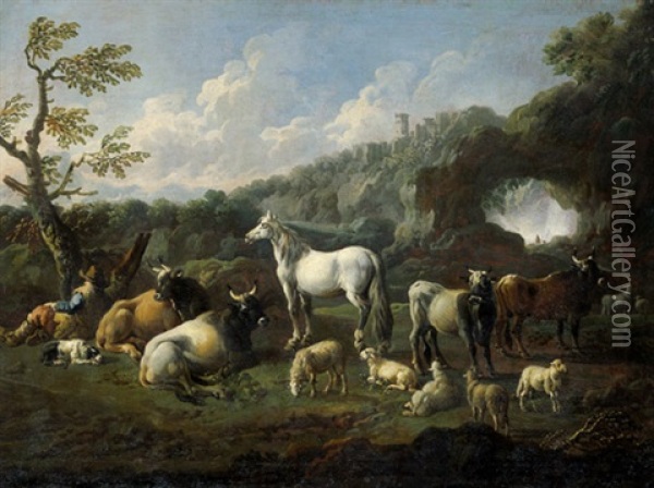 Pastorale Szene Mit Hirtem Und Seiner Tierherde In Italienischer Landschaft An Einem Wasserfall Oil Painting - Cajetan Roos