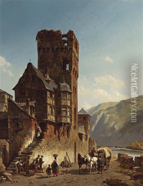 A Busy Street Scene In A River Side Town Oil Painting - Jacques Francois Carabain