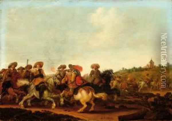 Mounted Battle In Alandscape Oil Painting - Esaias Van De Velde