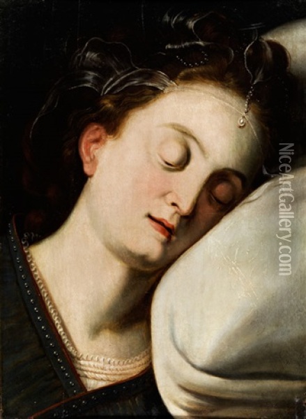 Kopfbildnis Einer Dame An Einem Weissen Tuch Schlafend Oil Painting - Frans Floris the Elder