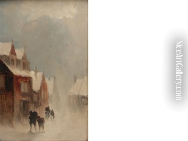 A Winters Walk (+ 2 Others; 3 Works) Oil Painting - Cornelis Christiaan Dommelshuizen