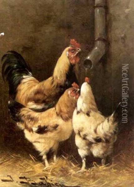 Drei Huhner Beim Wasserrohr Oil Painting - Jules Bahieu