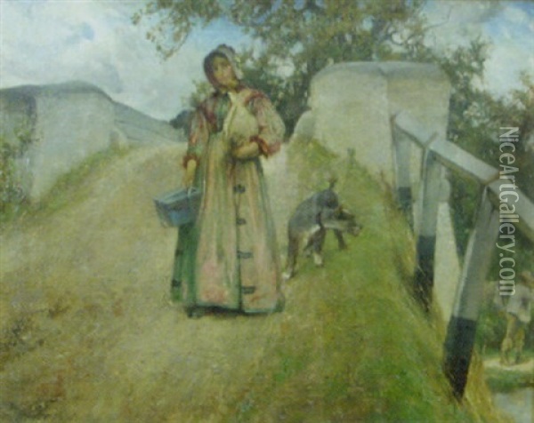 Portrait Of A Woman With Dog In A Landscape Oil Painting - Edgar Bundy