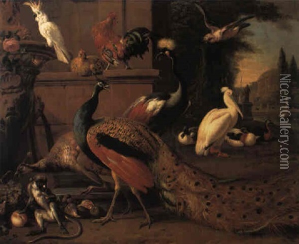 Scene Of Exotic Fowl Oil Painting - Melchior de Hondecoeter