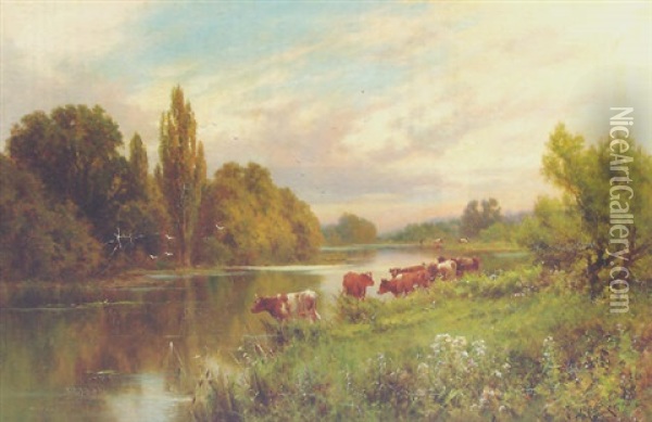 Cattle Watering By A Tranquil River Oil Painting - Henry H. Parker