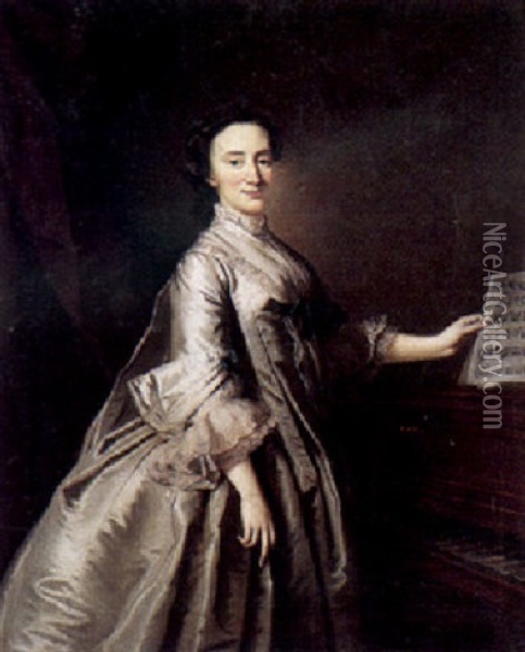 Portrait Of A Lady Standing Beside A Piano Holding A Sheet Of Music Oil Painting - Thomas Bardwell