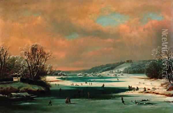 Skaters on a frozen river Oil Painting - Dutch School