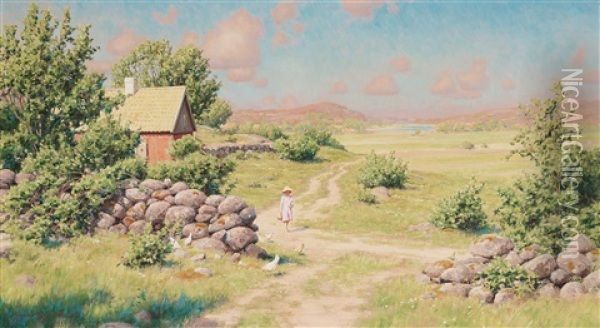 A Young Girl In Summer Landscape Oil Painting - Johan Fredrik Krouthen