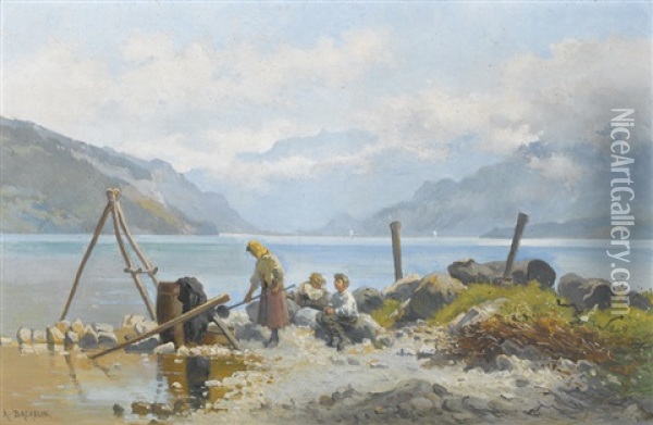 Rive Du Lac De Thoune A Faulensee Oil Painting - Auguste Bachelin