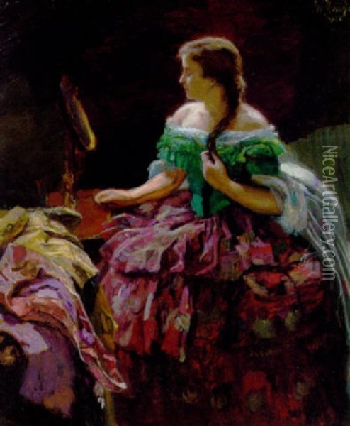 Ung Pige I Balkjole Betragter Sig Selv I Spejlet Oil Painting - Otto Herschel
