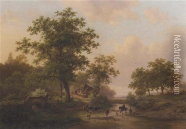 Cattle Passing A Ford In A Wooded Landscape In Summer Oil Painting - Frederik Marinus Kruseman