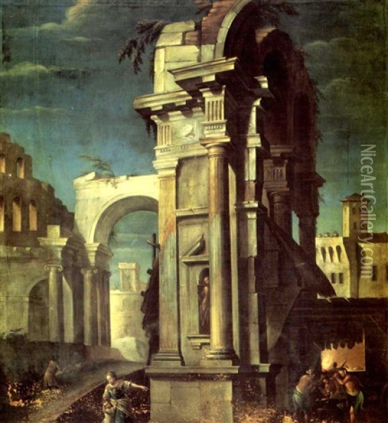 A Classical Capriccio Of An Italian Town With Goldsmith And Other Figures In The Foreground Oil Painting - Bernardino Minozzi