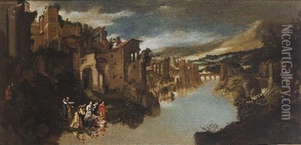 An Extensive Landscape With The Finding Of Moses Oil Painting - Willem van Nieulandt the Younger
