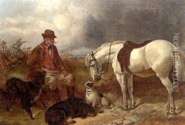 A Gillie With His Pony And Dogs Oil Painting - James Hardy Jr.