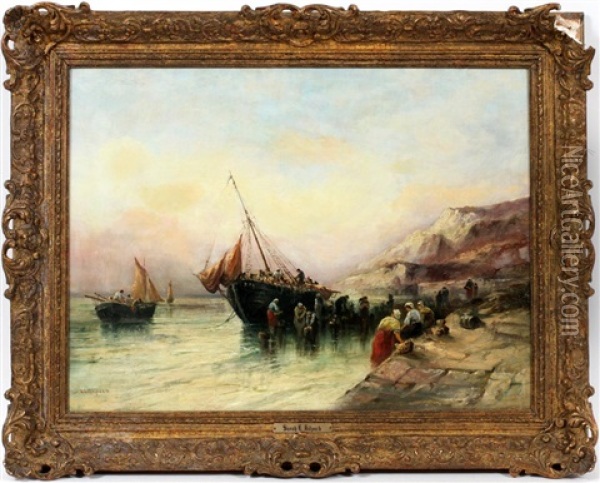 Boat Scene With Woman Washing Clothes Oil Painting - Sarah Louise Kilpack