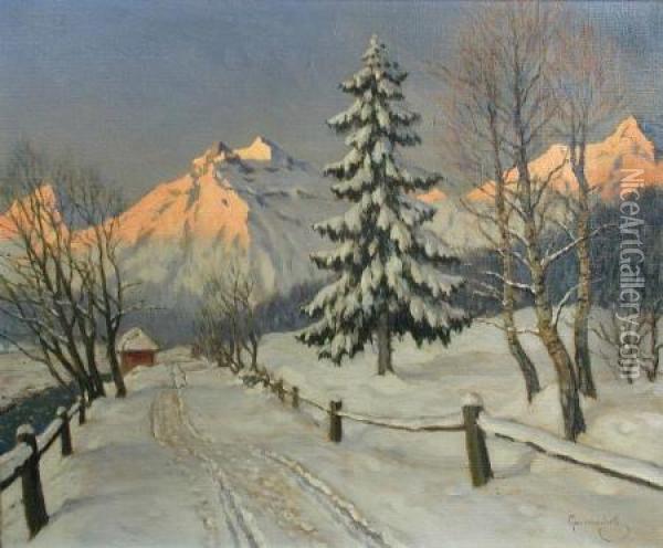 Winter Sunset Oil Painting - Mikhail Markianovich Germanshev