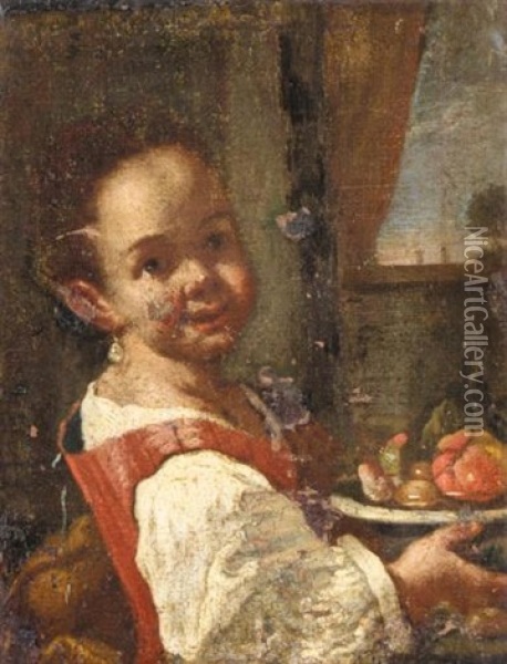 Portrait Of A Girl Holding A Bowl Of Fruit Oil Painting - Antonio Mercurio Amorosi
