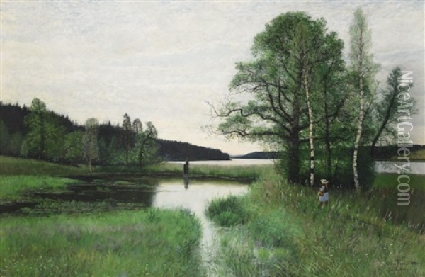 Sommarlandskap Med Promenerande Flicka Oil Painting - Oscar Toerna
