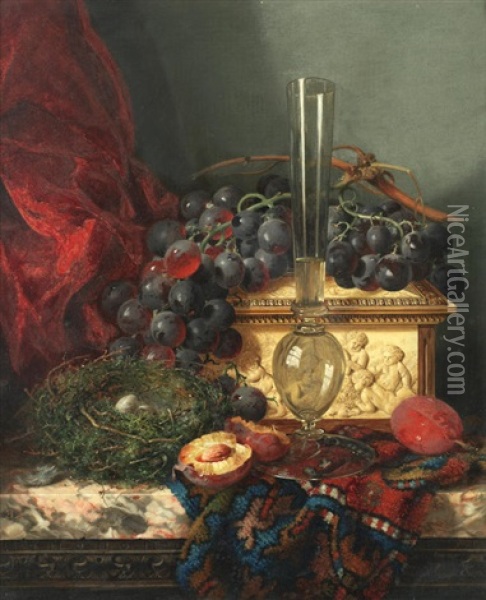 Still Life Of Fruit, A Bird's Nest, A Fluted Vase And Ornate Ivory Casket On A Marble Ledge Oil Painting - Edward Ladell