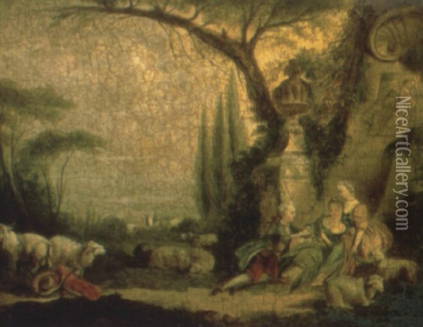 Elegant Company Resting Near A Monument In A Landscape Oil Painting - Nicolas Lancret