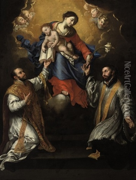 The Madonna And Child In Glory With Saints Ignatius Of Loyola And Xavier Oil Painting - Francesco de Rosa