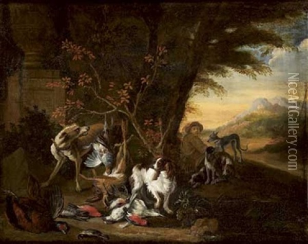 Nature Morte Au Trophee De Chasse Dans Un Paysage Oil Painting - Adriaen de Gryef