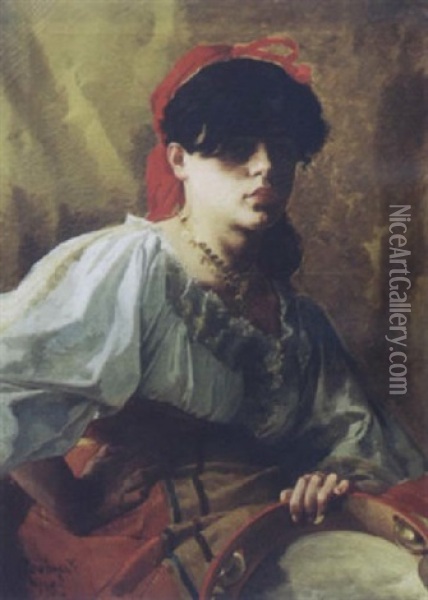 Jeune Orientale Au Foulard Rouge Et Au Tambourin Oil Painting - Alcide Theophile Robaudi