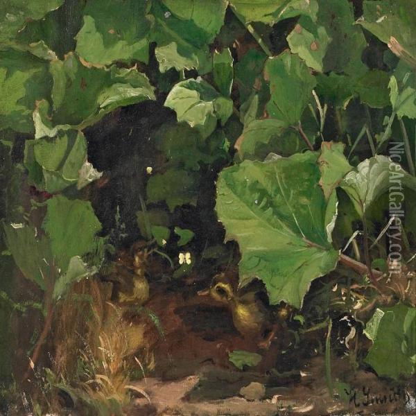 Two Ducklings Chasing Abutterfly Oil Painting - Hans Ludvig Smidth