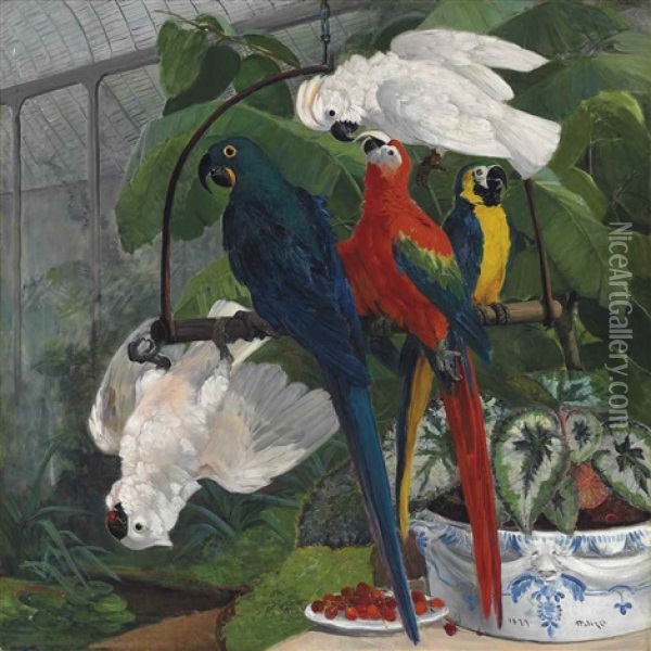 Parrots In A Tropical Glasshouse Oil Painting - Filippo Palizzi