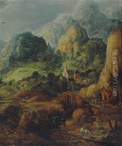 Cavaliers Abreuvant Leurs Montures Et Village Dans La Montagne Oil Painting - Joos de Momper the Younger